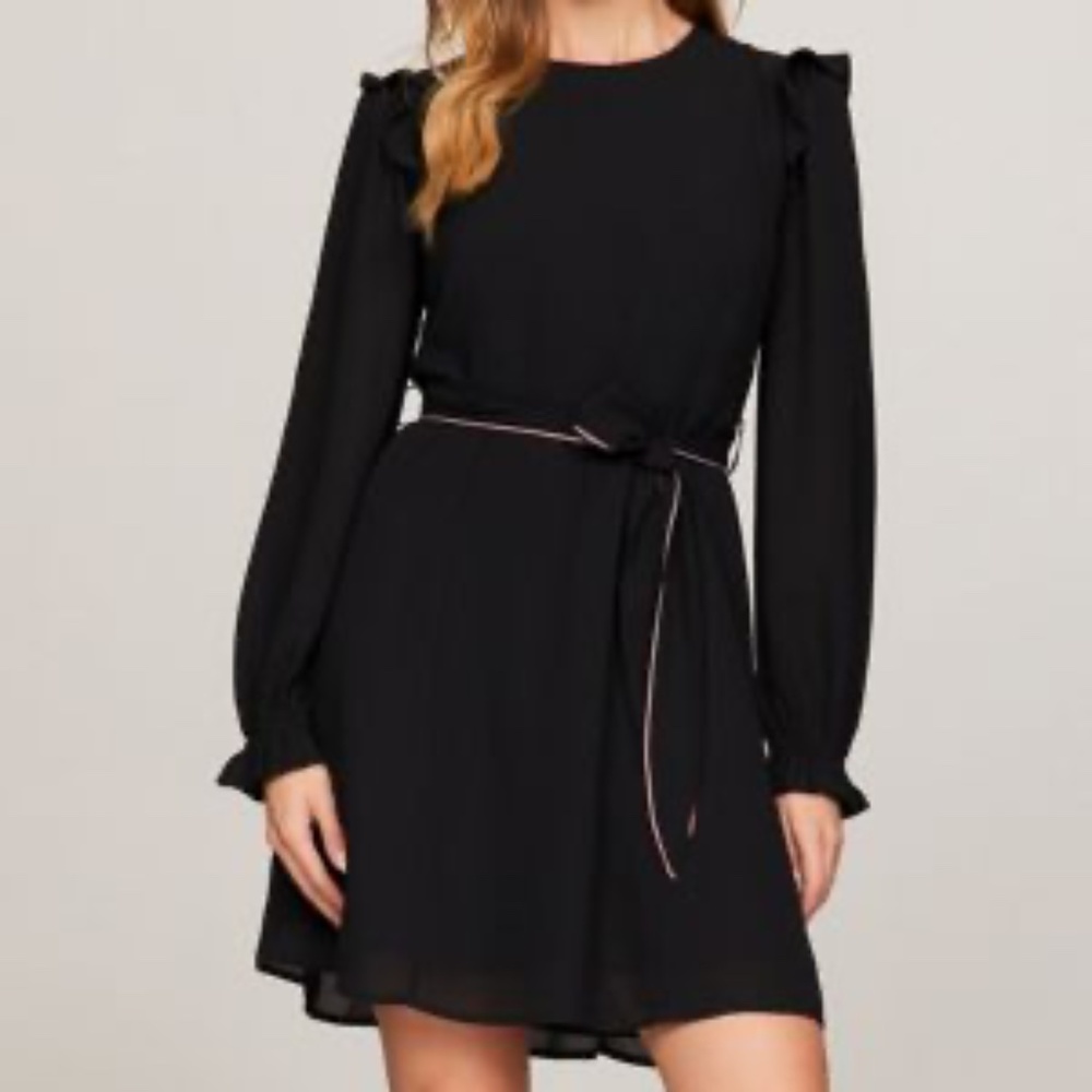 NWT Tommy Hilfiger Belted Ruffle Trim Crepe Mini Dress
